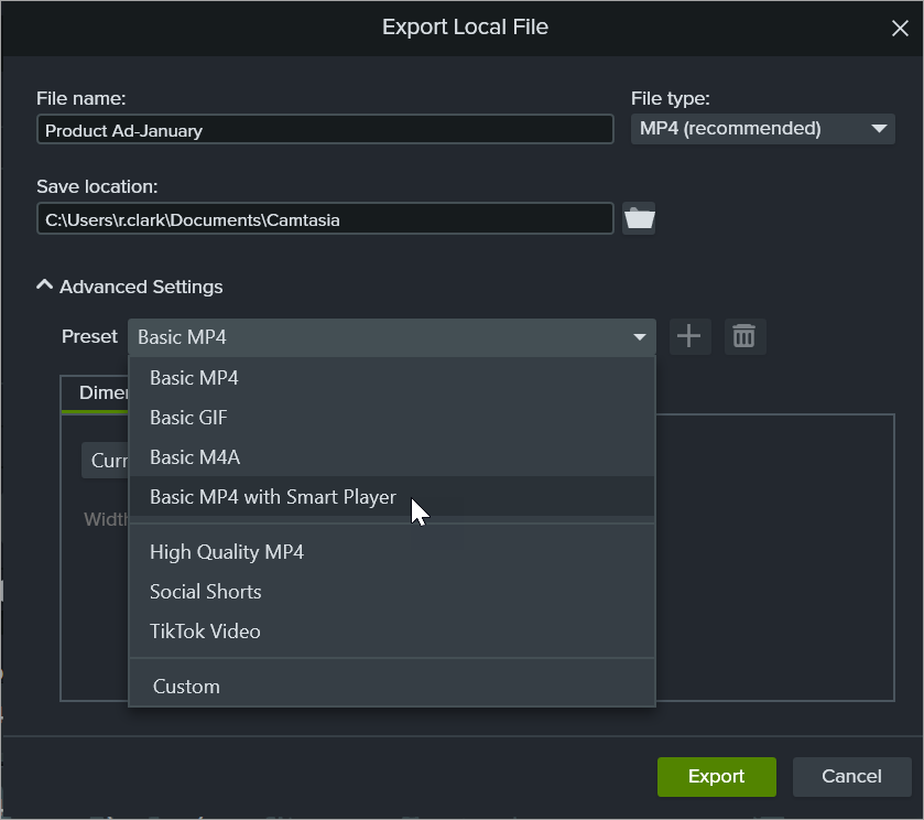 Preset dropdown in Export Local file dialog