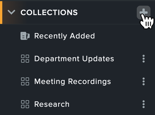 Collections section with cursor hovering over the plus sign