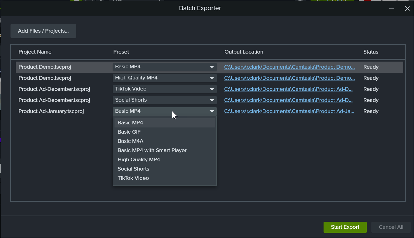 Batch Exporter dialog example queue