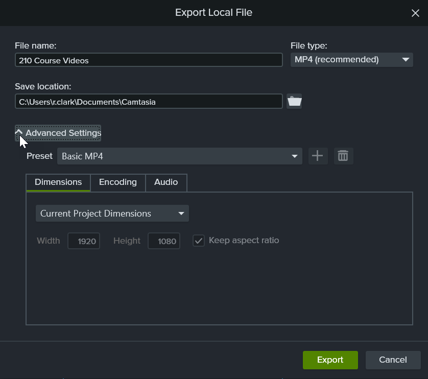 Advanced Settings in the Export Local File dialog