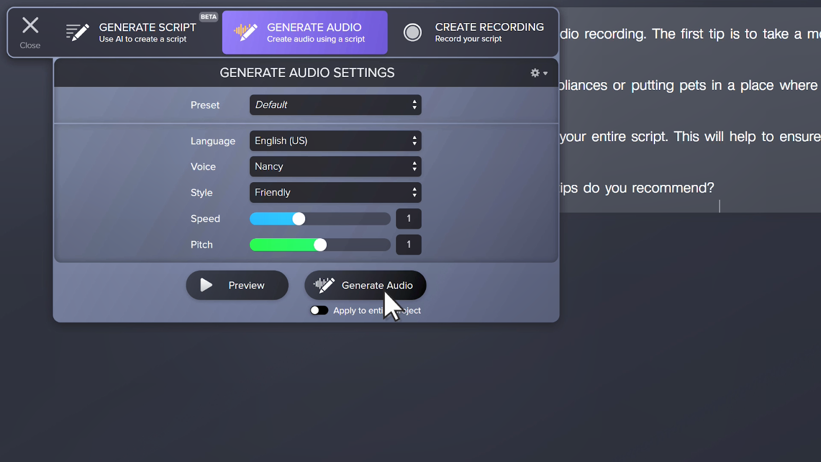 Image of Audiate's Generate Audio menu open, showing the different options that create audio.
