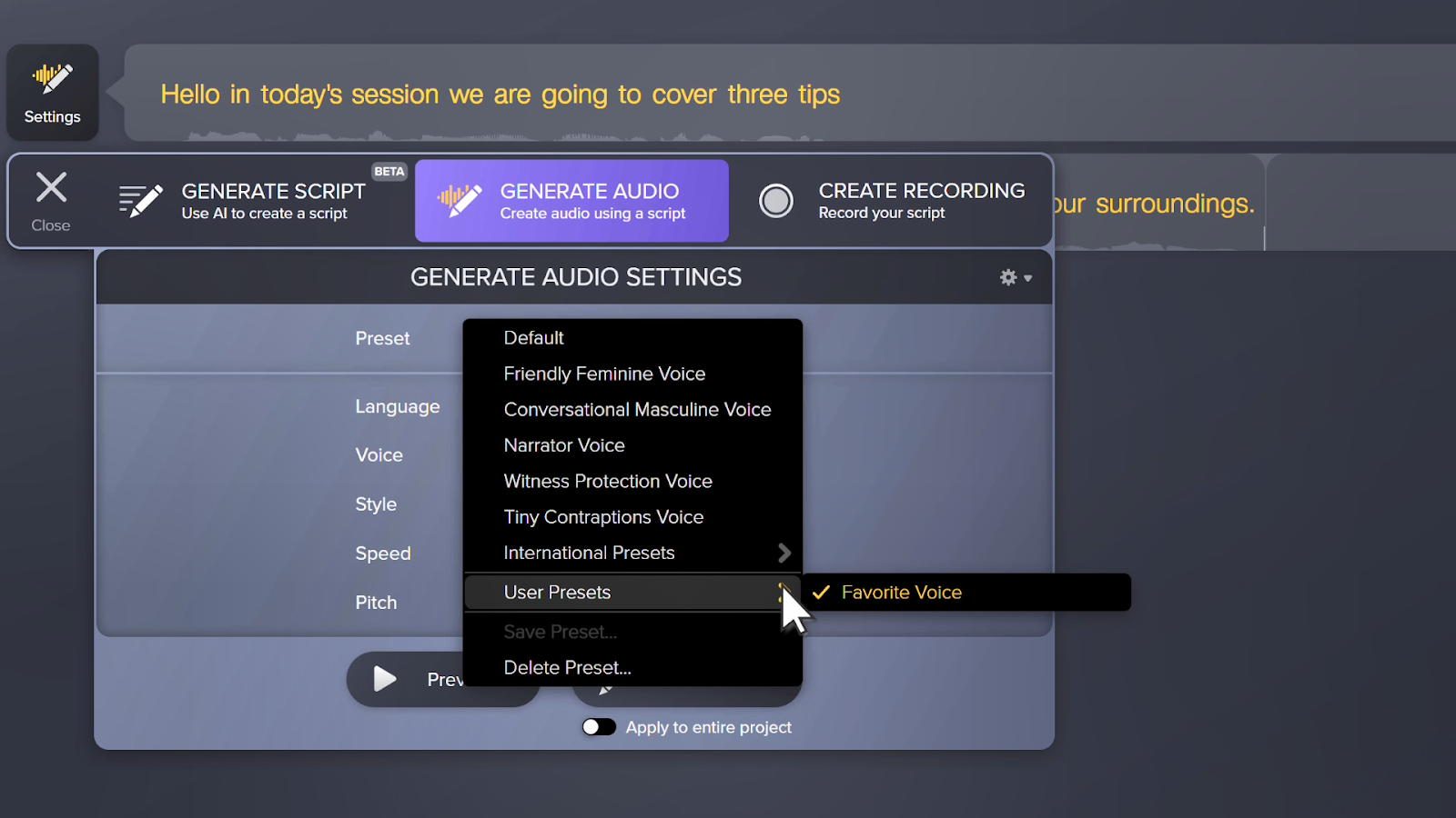 Image of User Presets that has a Favorite Voice option for use later on.