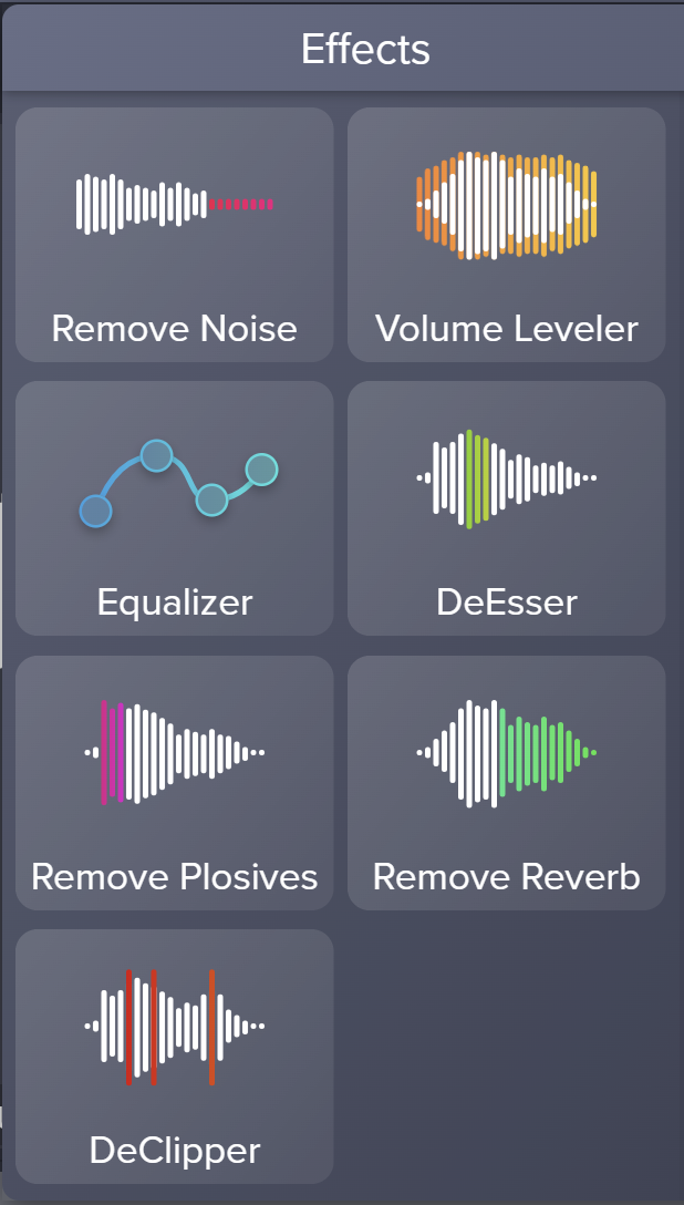 Image of the Effects list in Audiate that control how you can edit your audio recording.