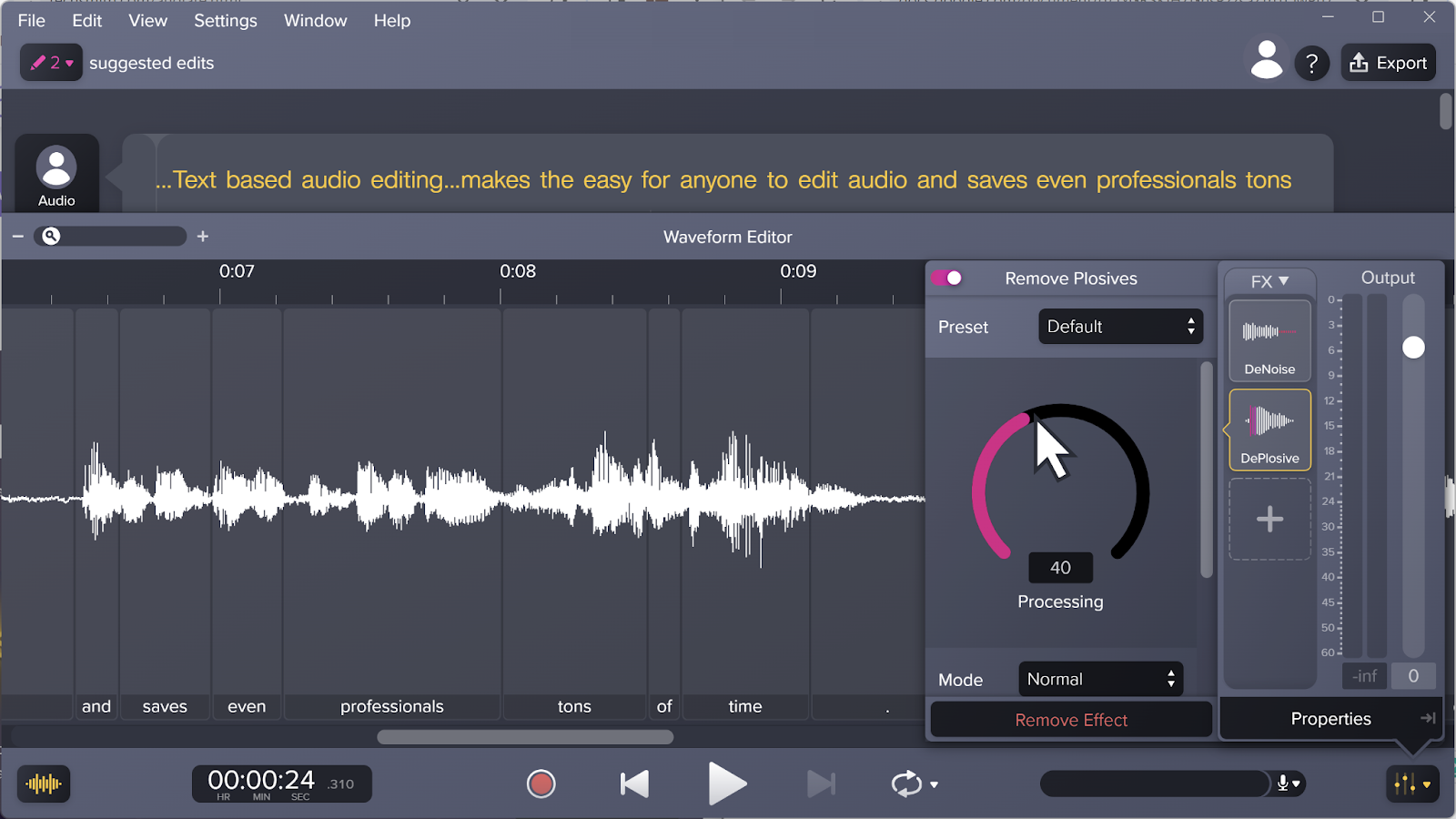 Image of Audiate voice editor software that minimizes plosives with the Remove Plosives effect.