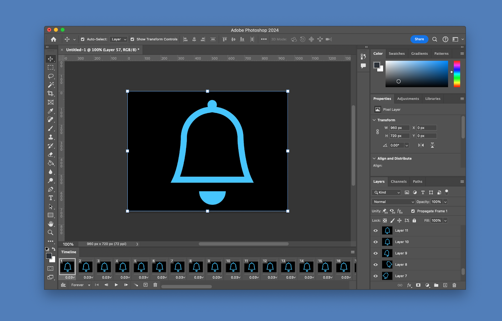 Image of Adobe Photoshop GIF process using frames and layers.
