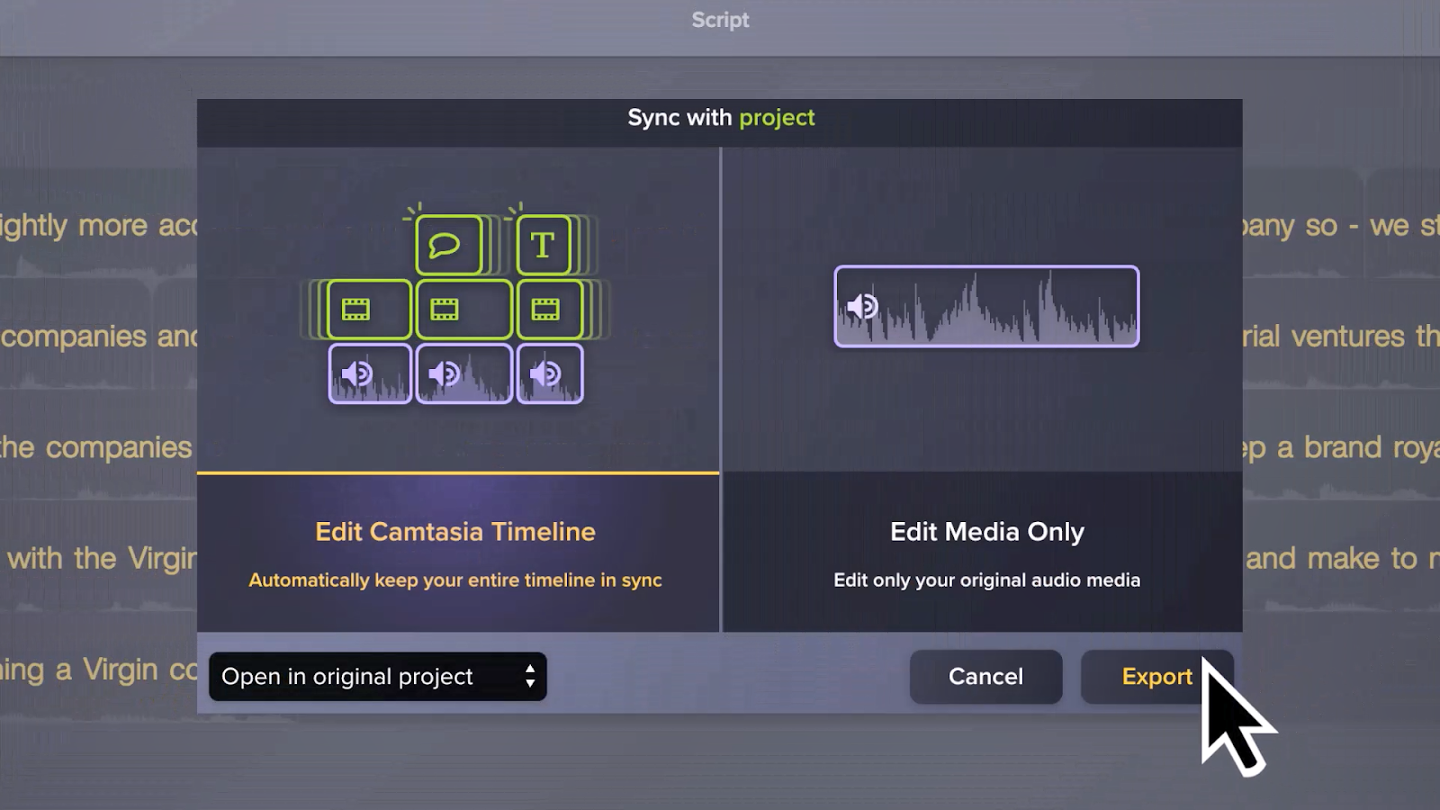 Image of an Audiate transcript being exported and linked to Camtasia.