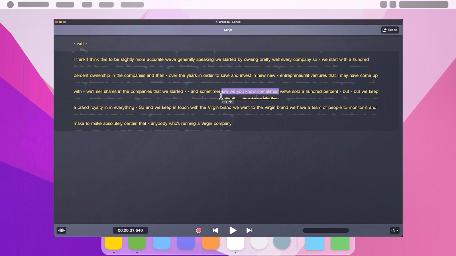 Image of the transcript being edited in Audiate.