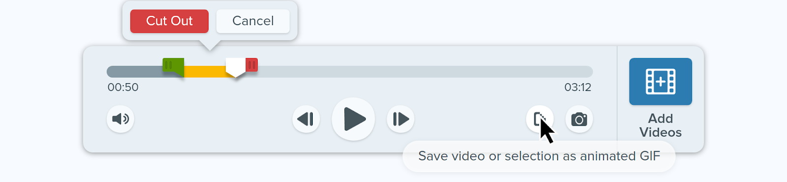 Image of Snagit's easy-to-use UI in which the cursor is hovering over the "Save video or selection as an animated GIF" button.