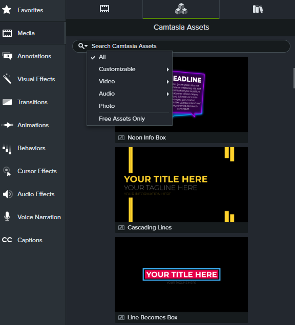 Camtasia assets media library, sorted by customizable assets, video, audio, photo, and free assets.