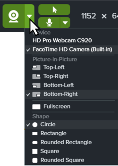 Botão Webcam e menu suspenso de opções