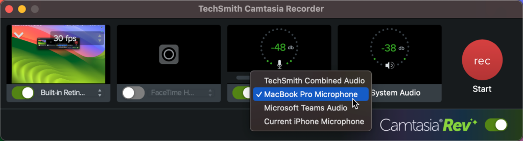 Image of Camtasia's microphone options.