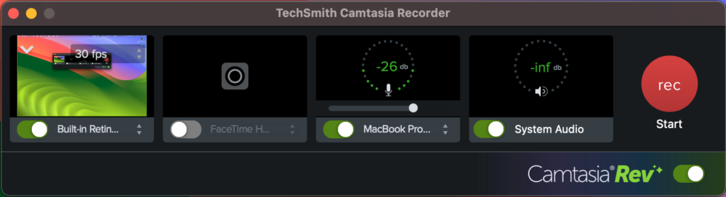Image of Camtasia's recording options.