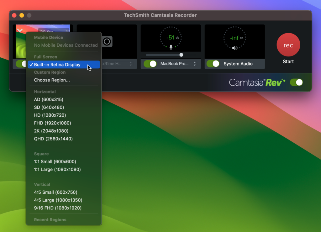 Image of Camtasia's recording options/