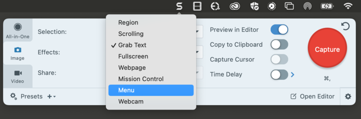 Snagit's Capture options like Region, Scrolling, and Fullscreen.