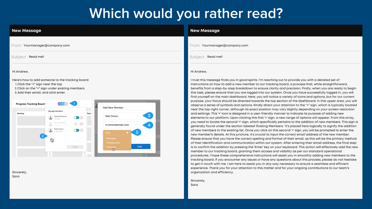 Examples of two emails, one with lots of body text and one with visuals to aid comprehension.