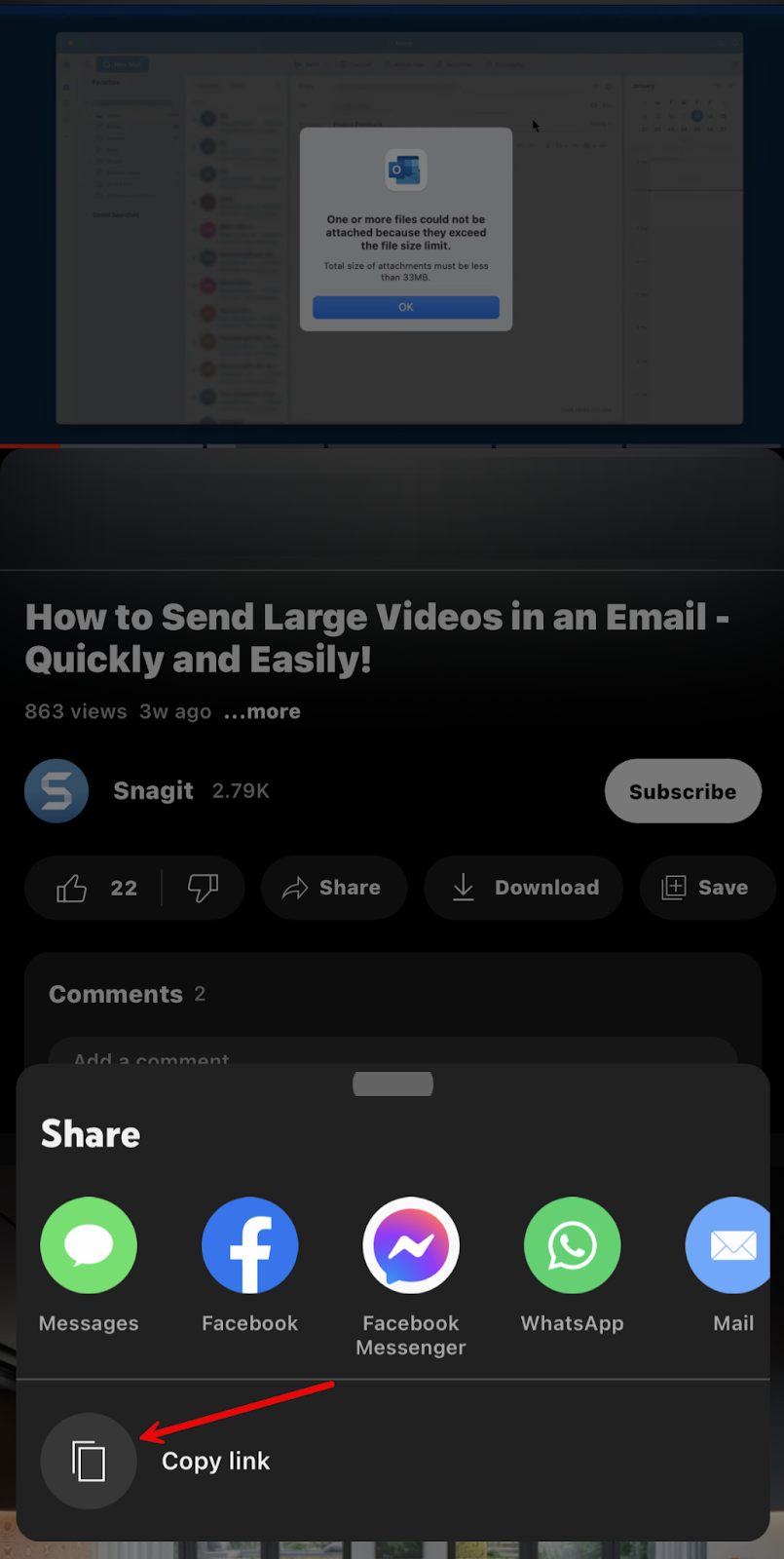 Image of the Copy link button in YouTube