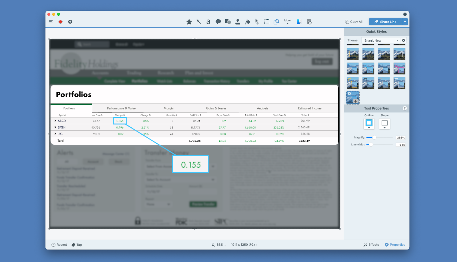 Image of the Spotlight Tool and Magnify Tool used to point out Portfolio information.