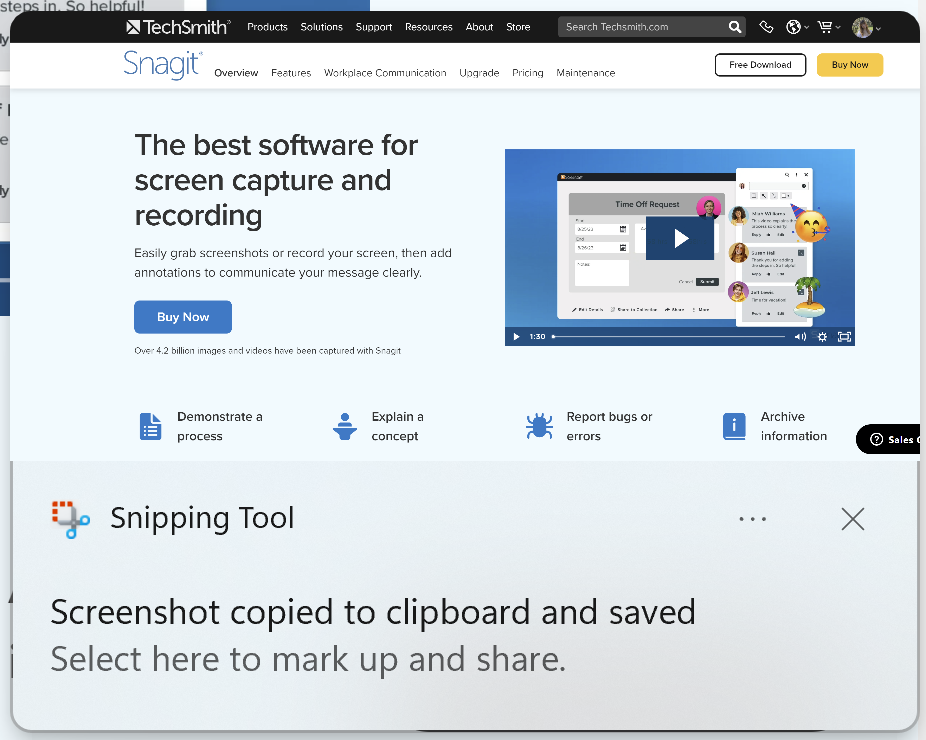 Snipping Tool pop up window that describes the screenshot being copied to clipboard and saved.