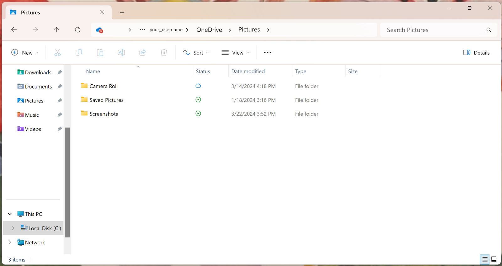 Window's File Explorer with the file path to the Screenshots folder.