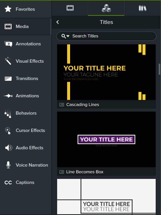 Titles in Camtasia Assets subtab