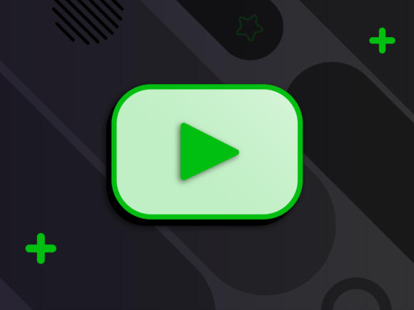 Close-up graphic of a stylized play button icon, with a vivid green and white color scheme, set against a dark background with subtle abstract shapes and patterns in gray.