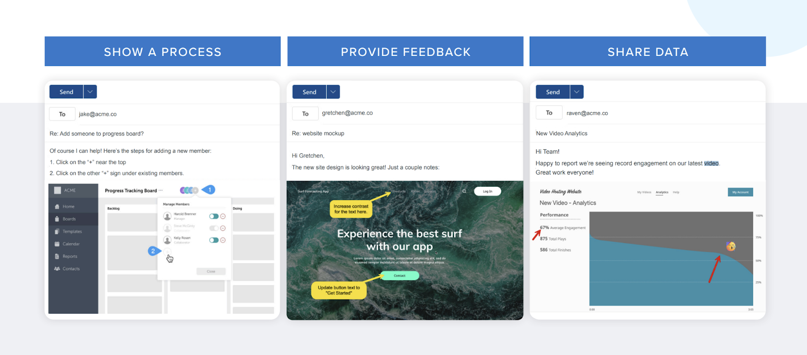 Use visual communication to show a process, provide feedback, and share data