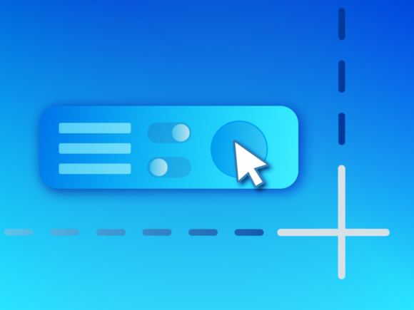 A stylized illustration depicting a user interface element with sliders and a large clickable button, highlighted by a cursor icon. The background features a gradient of blue tones with dashed lines and a crosshair, symbolizing selection or focus.