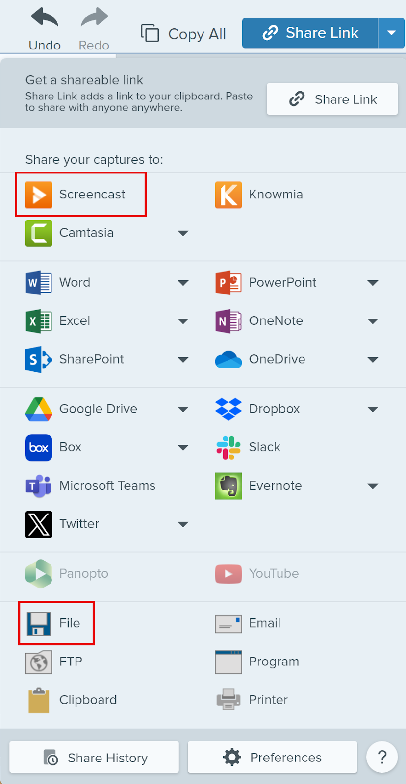 Snagit's share options with Screencast and File download highlighted.