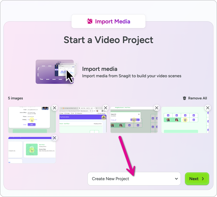 Select a project to import Snagit media in Camtasia Online