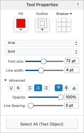 Text tool properties on Mac