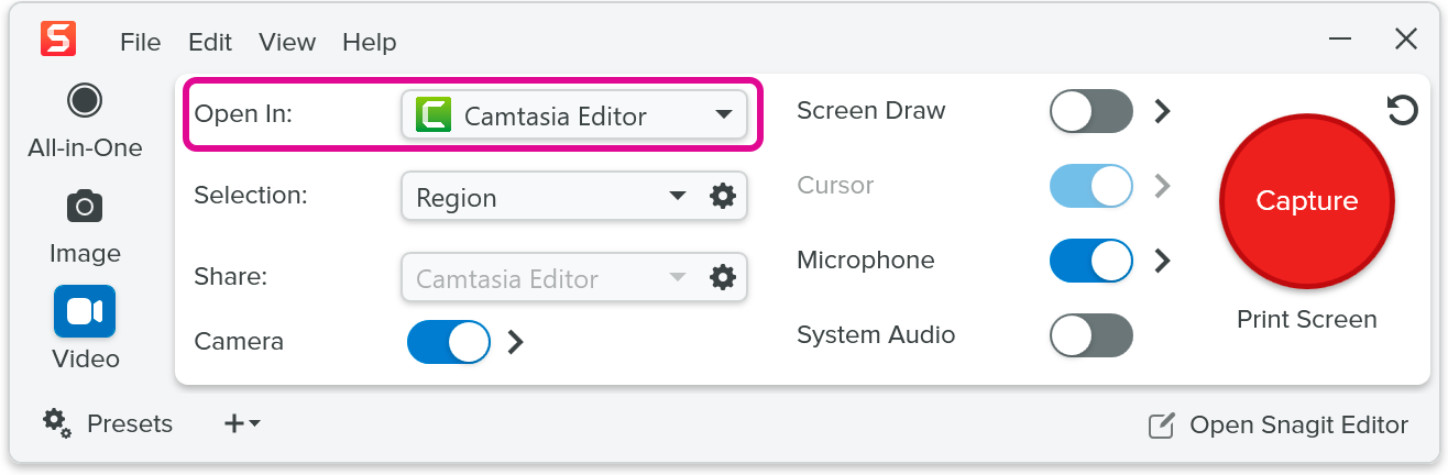 Open in Camtasia option on the video capture tab
