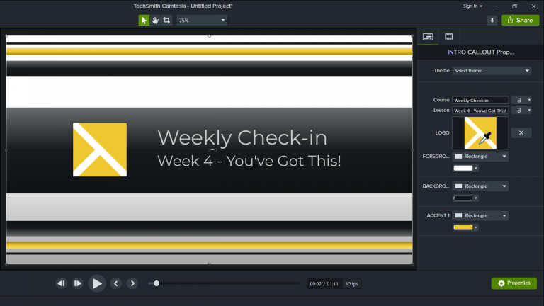 Camtasia editor with a template on the canvas
