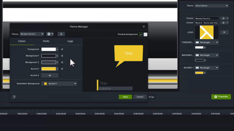 Camtasia theme manager window 