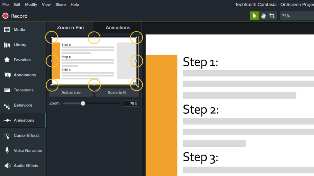 Camtasia editor with the zoom and pan menu open