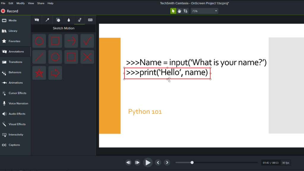 Camtasia editor with the sketch motion menu open