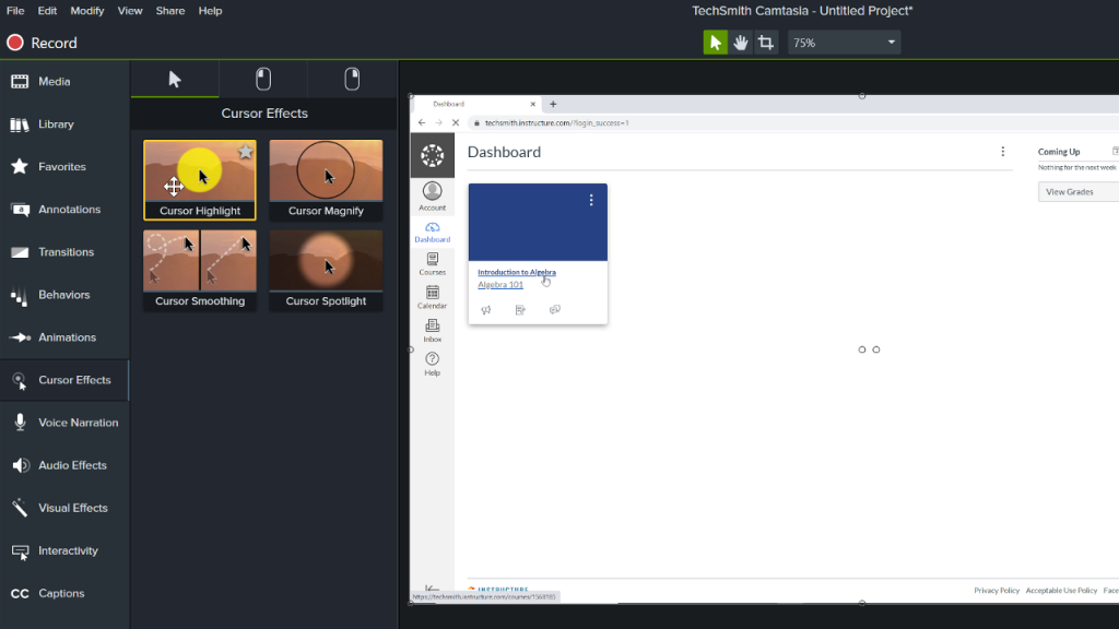 Camtasia editor with the cursor effects menu open