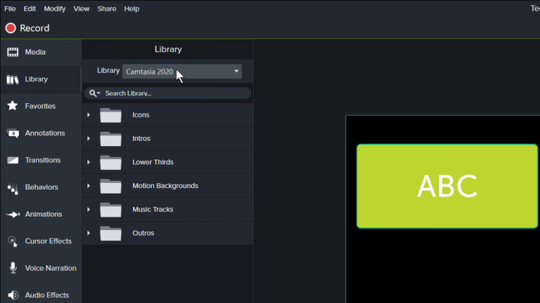 Camtasia editor with the library open