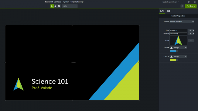 Camtasia editor with the quick properties panel open