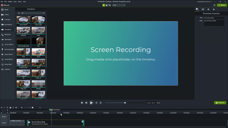 Camtasia editor with placeholder on the timeline