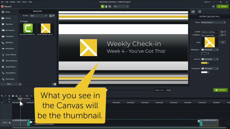 Camtasia editor with a template on the canvas