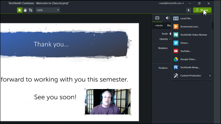 Camtasia editor with share menu open