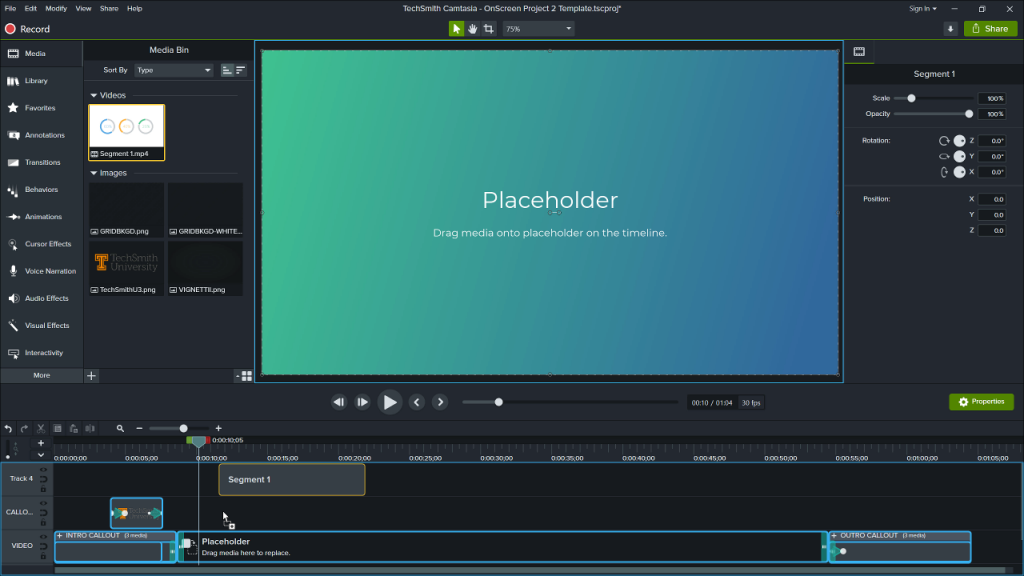 Camtasia editor with a template open