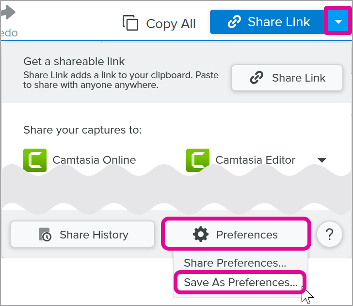 Open Save As Preferences from the Share dropdown