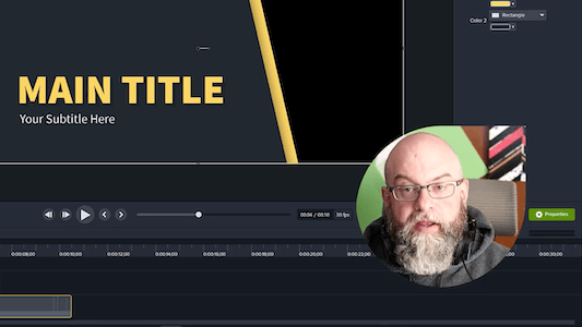 Camtasia UI with a webcam in the bottom right corner