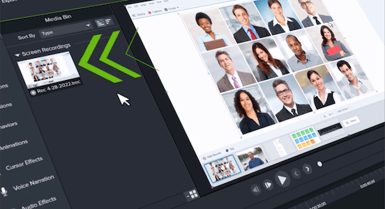 Camtasia UI with a screenshot of Snagit on the Canvas
