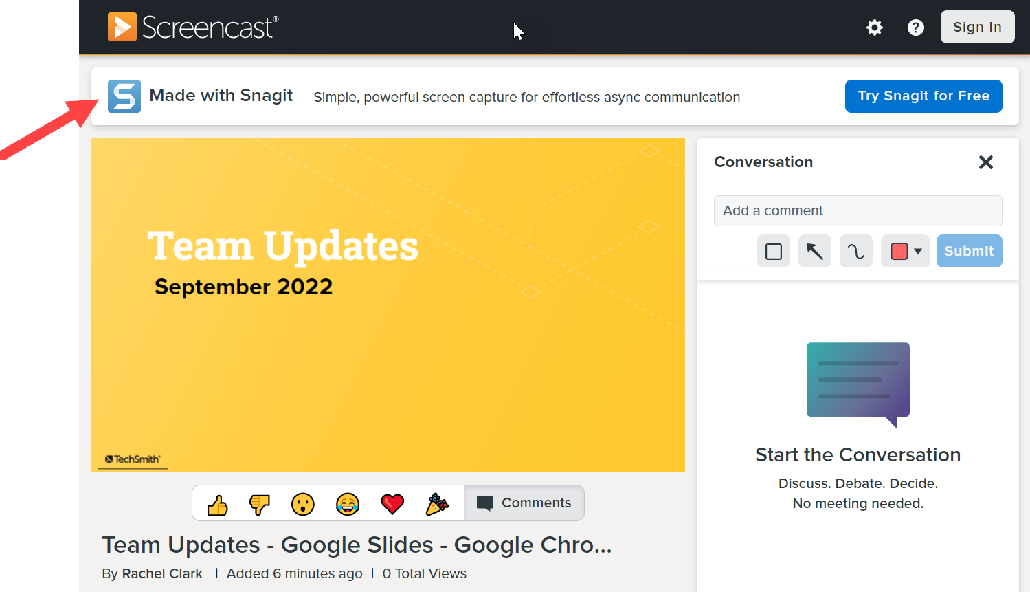 Snagit banner on Screencast content page