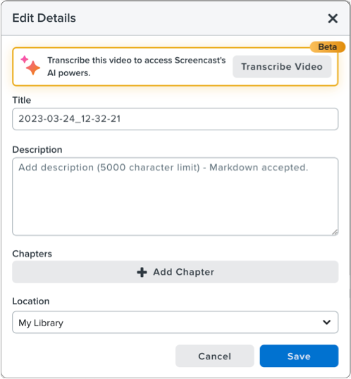 Transcribe Video button in Edit Details dialog