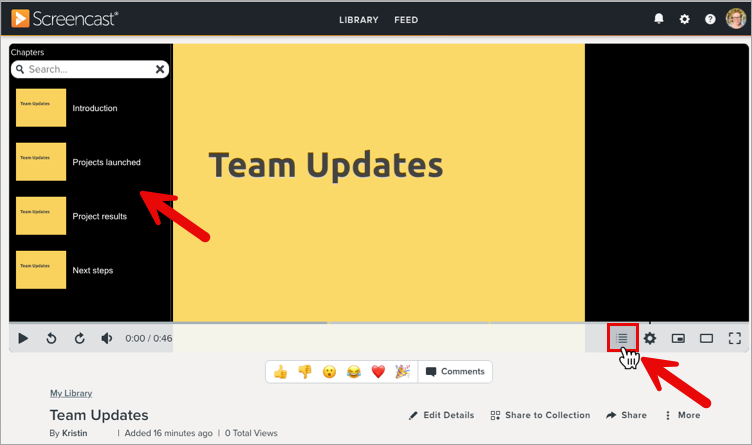 Chapters button and chapters displayed in Screencast video player