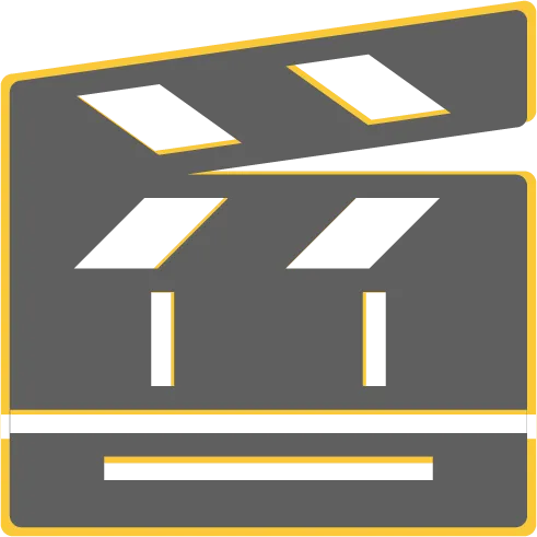 Icon of a gray clapperboard with yellow accents, commonly used to represent video production or filmmaking.