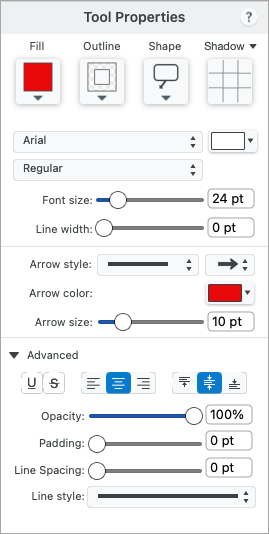Callout tool properties on Mac